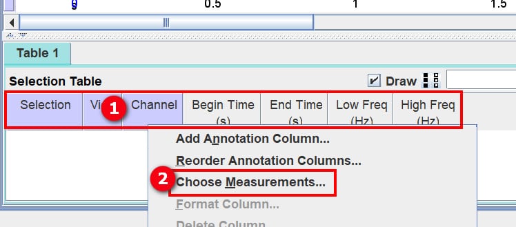 Choose measurements by right-clicking on selection tables headers.